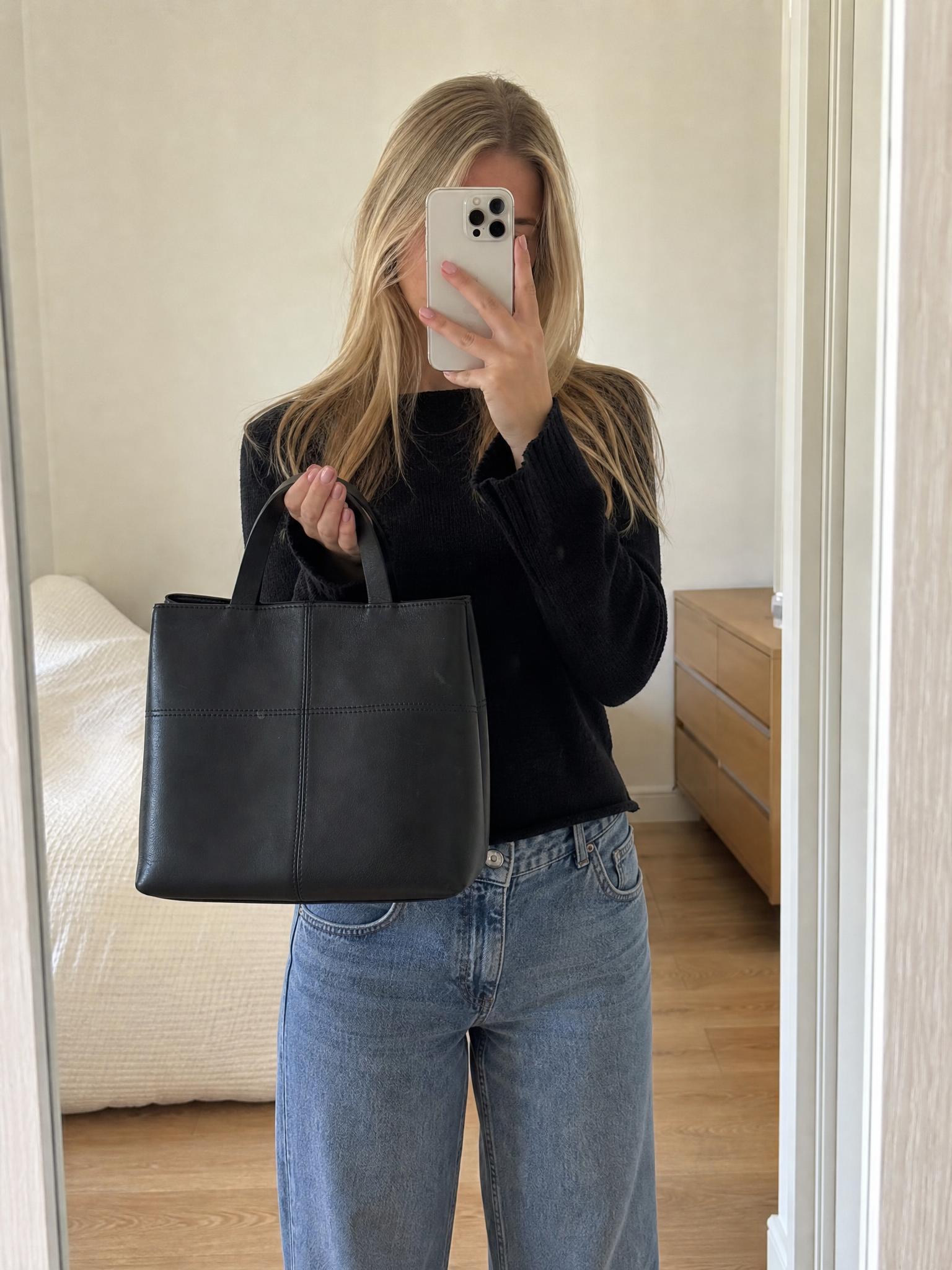 Black faux leather structured tote bag – everyday shopper