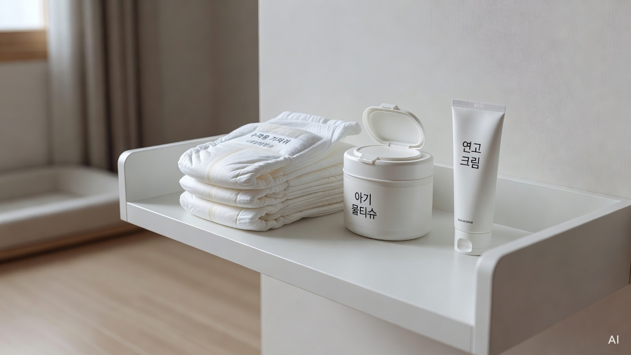 baby changing station with clean diapers, wet wipes container, and cream tube arranged on white shelf