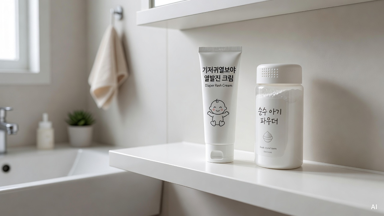 white diaper rash cream tube and baby powder on a clean bathroom shelf