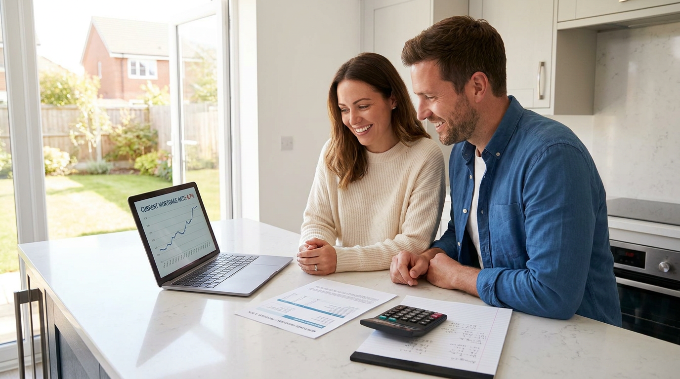 Smiling couple in their 30s sitting at a kitchen island, laptop open to a mortgage rate chart showin