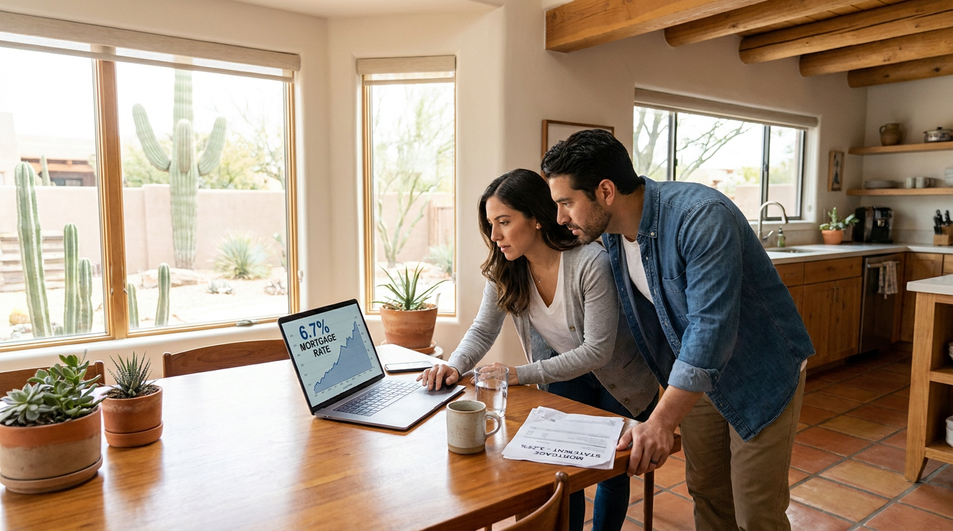 Young couple in their 30s sitting at a kitchen table in a bright Southwestern suburban home, laptop