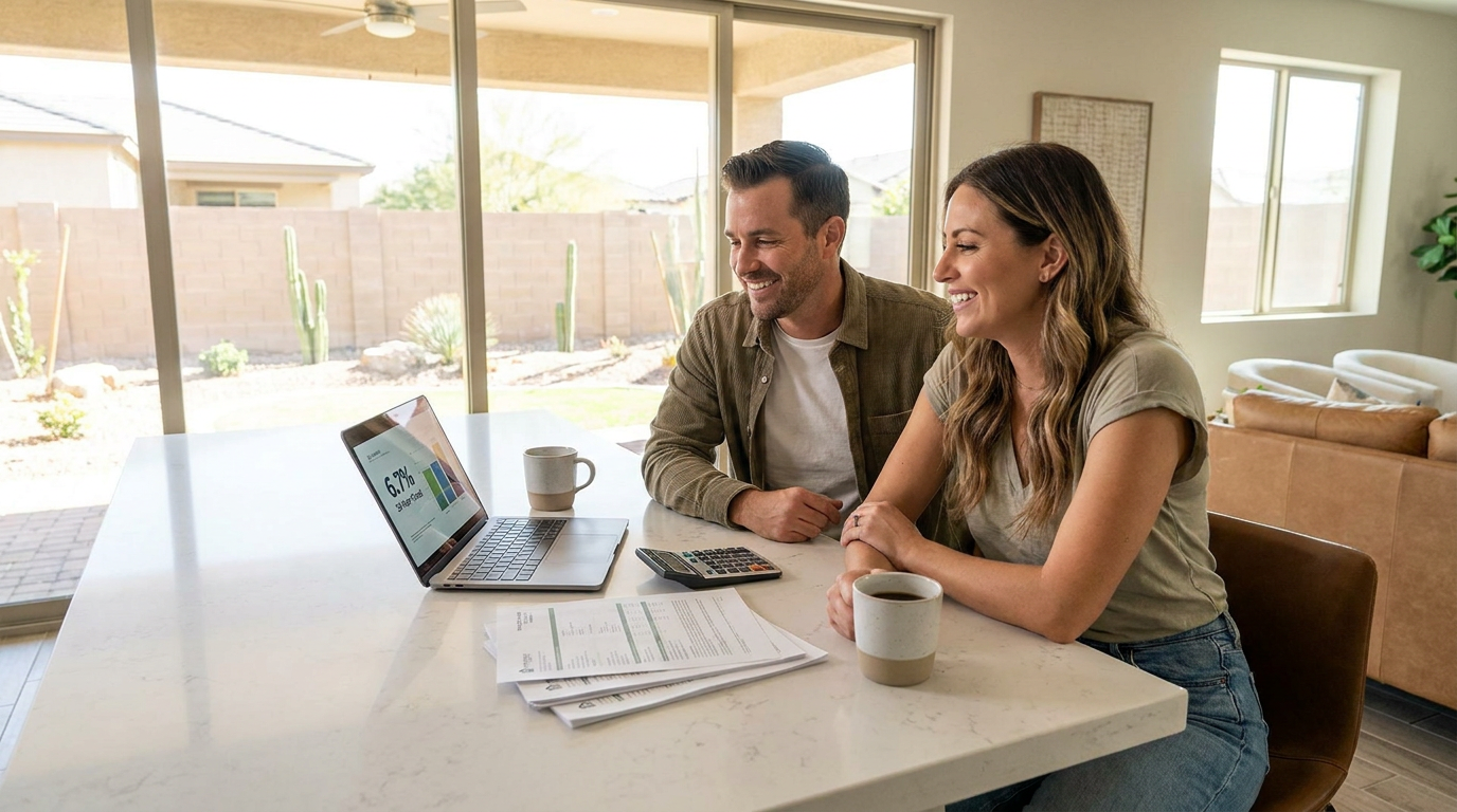 Smiling couple in their late 30s at a kitchen island in a bright Southwestern suburban home, laptop