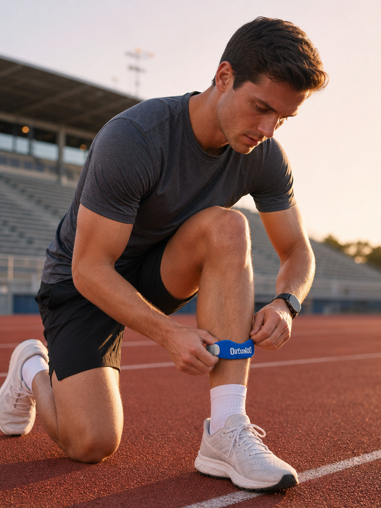 Athlete putting on the FlexRelief patella strap