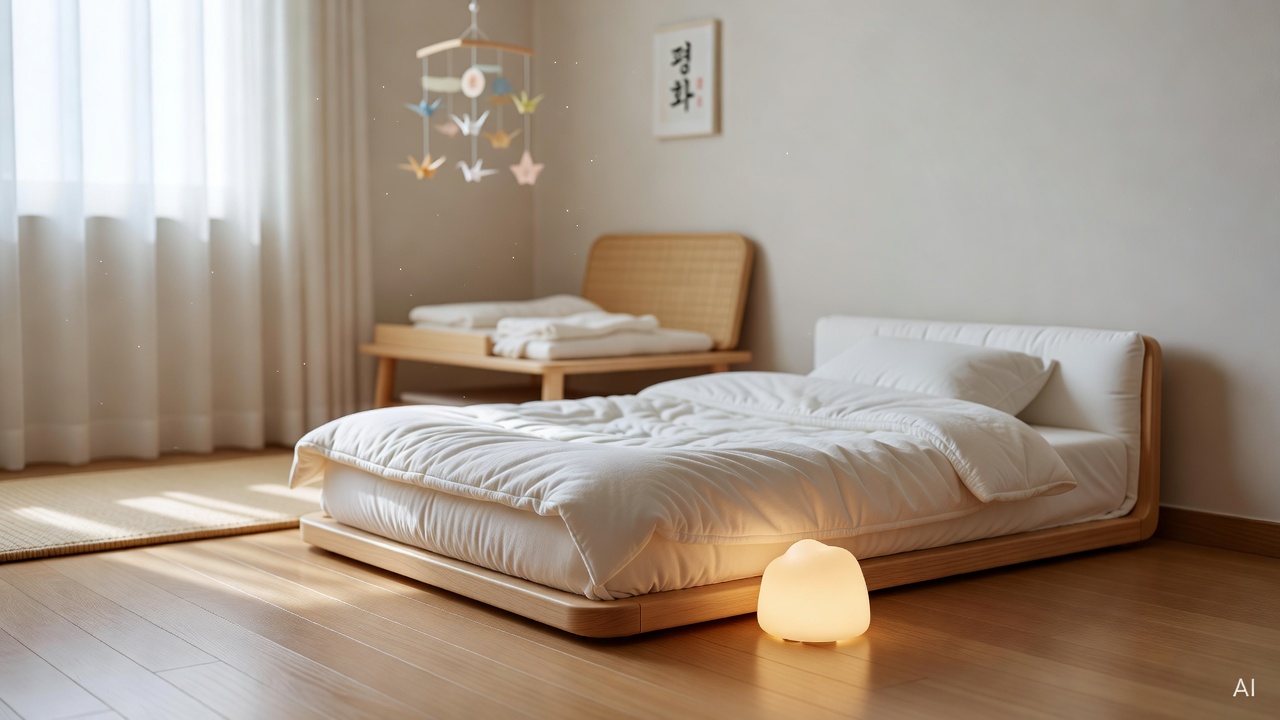 soft crib with white bedding and a small nightlight on a wooden nursery floor