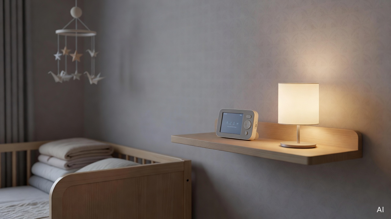 baby monitor placed on a shelf next to a small lamp in a dimly lit nursery room