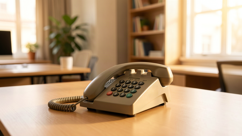 A ringing phone on a desk in a quiet non-profit office, conveying the urgency of an unanswered call, no text
