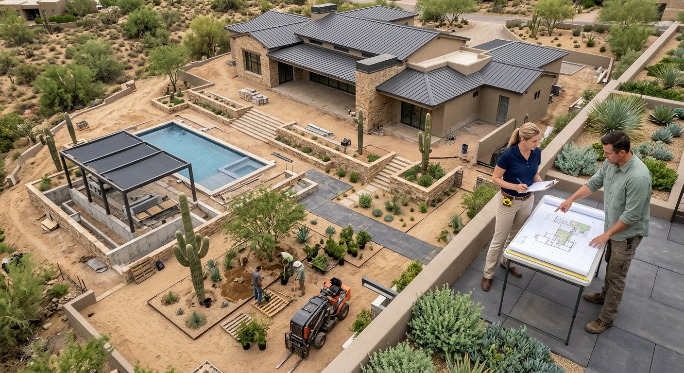 Landscape Architecture Paradise Valley Custom Homes: Plan Well | Luxury Landscape Architecture Scottsdale & Phoenix | Waibel & Associates Photorealistic overhead view of a Paradise Valley custom-home site plan becoming a finished landscape, showing an architec...