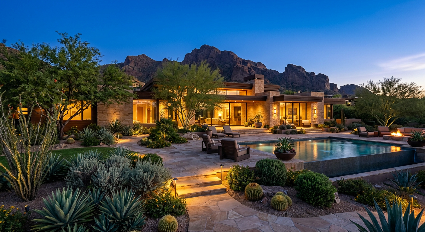 Landscape Architecture Paradise Valley Custom Homes: Plan Well | Luxury Landscape Architecture Scottsdale & Phoenix | Waibel & Associates Photorealistic twilight view of a finished Paradise Valley custom residence, with softly illuminated stone paths, layered ...