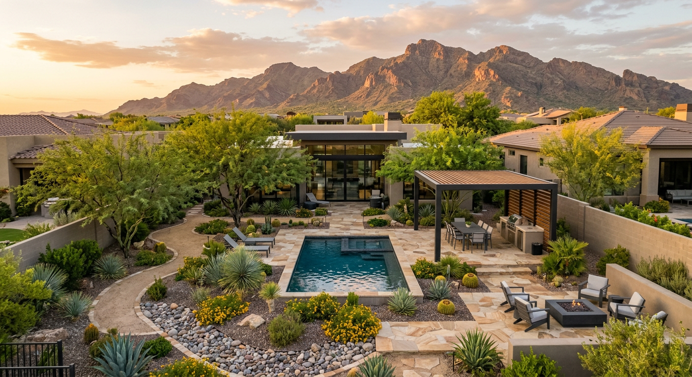Water Efficient Landscape Design Phoenix for Luxury Outdoor Living | Luxury Landscape Architecture Scottsdale & Phoenix | Waibel & Associates Photorealistic aerial view of an upscale Phoenix backyard designed for water efficiency, featuring a compact pool, shaded ...