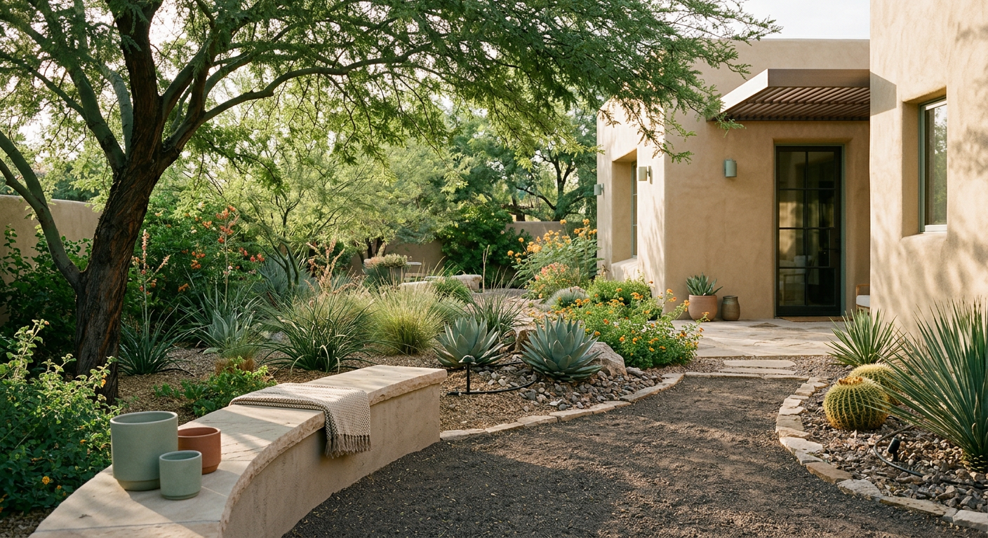 Water Efficient Landscape Design Phoenix for Luxury Outdoor Living | Luxury Landscape Architecture Scottsdale & Phoenix | Waibel & Associates Photorealistic close view of a refined Phoenix courtyard showing desert-adapted planting layers, mature shade tree canopy,...