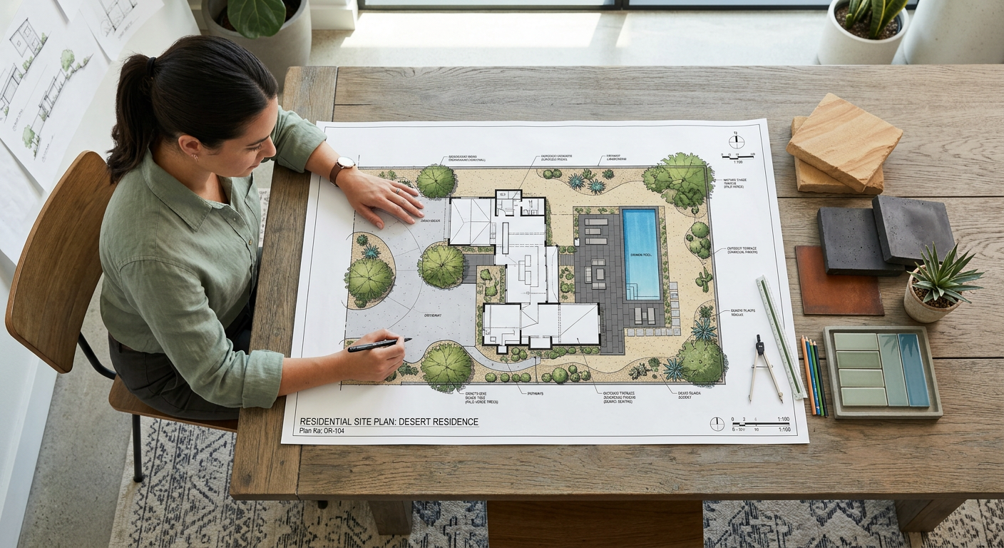 What Is Site Planning in Landscape Architecture? A Complete Guide | Luxury Landscape Architecture Scottsdale & Phoenix | Waibel & Associates Photorealistic overhead view of a landscape architect reviewing a scaled residential site plan beside material samples, wi...