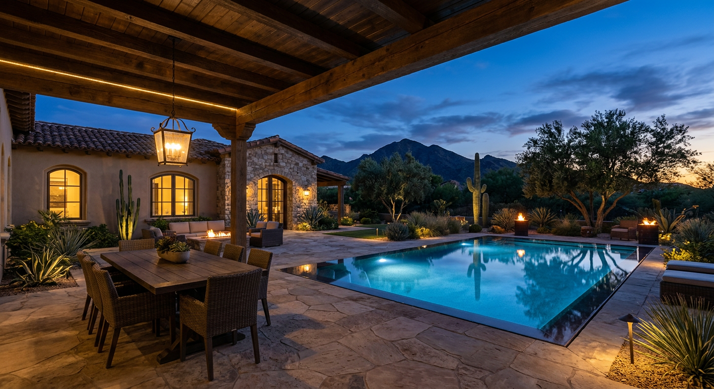 What Is Site Planning in Landscape Architecture? A Complete Guide | Luxury Landscape Architecture Scottsdale & Phoenix | Waibel & Associates Photorealistic dusk scene of an elegant Scottsdale outdoor living space designed around the home, featuring a shaded dinin...