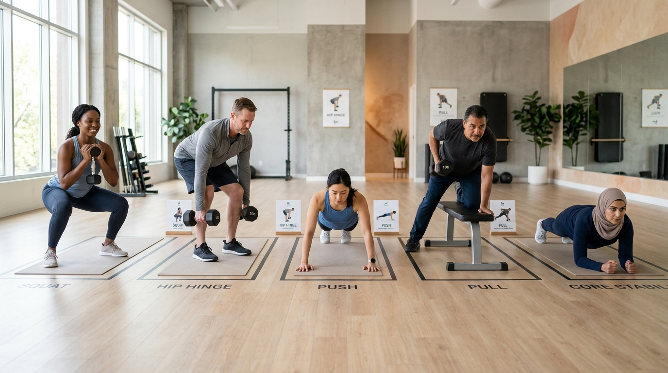 Clean modern fitness illustration showing five beginner resistance-training movement patterns, squat, hip hinge, push, pul...