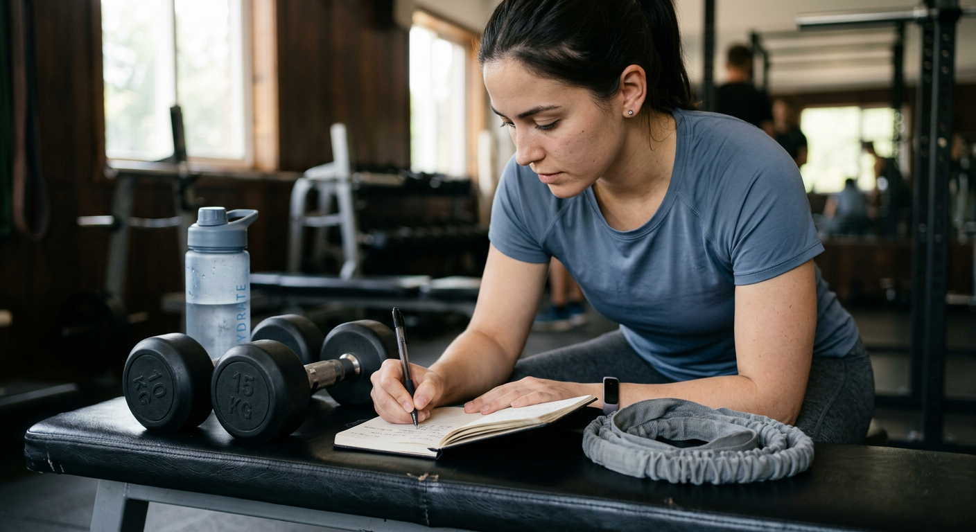 Photorealistic close-up of a beginner recording workout sets and repetitions in a small notebook beside dumbbells, water b...