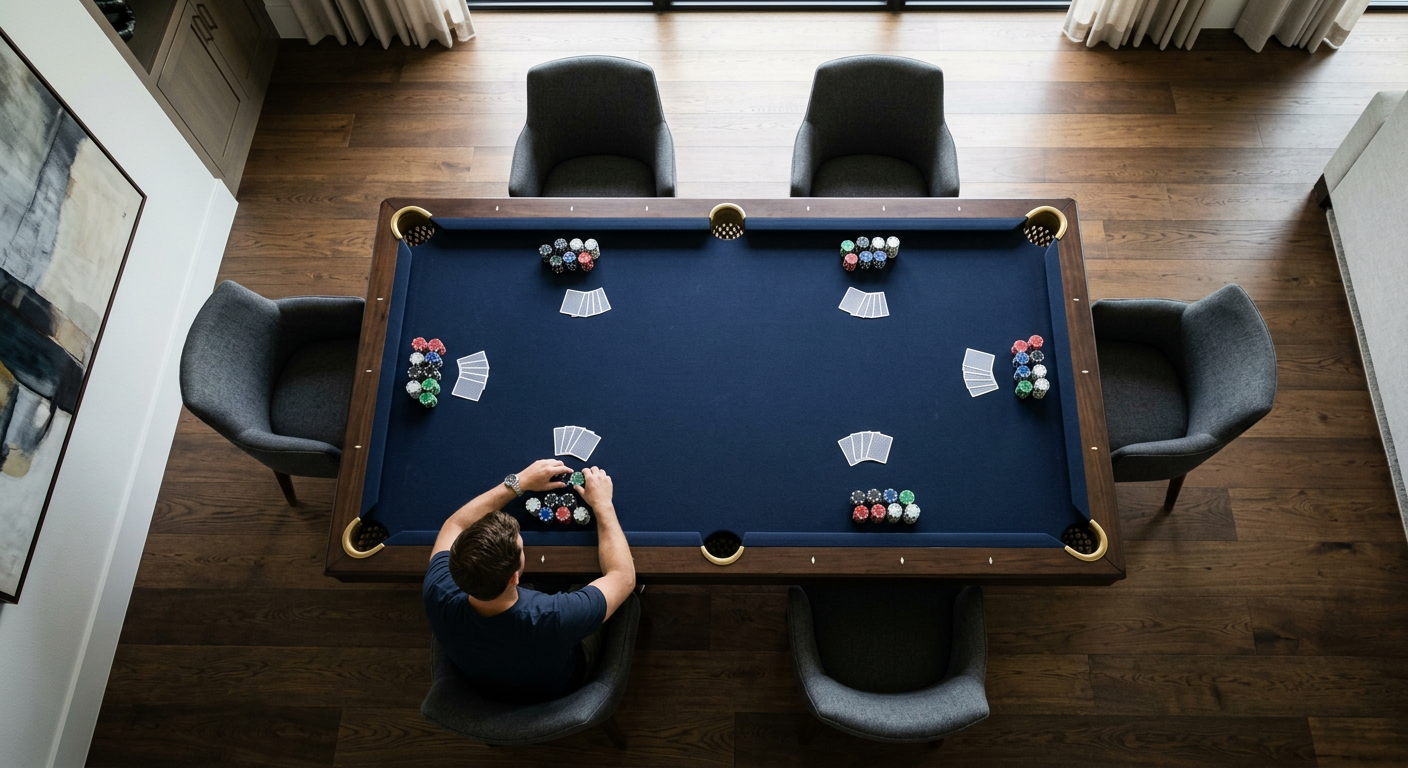 Photorealistic overhead architectural photograph of a single rectangular six-pocket pool table poker table combo in a Dall...