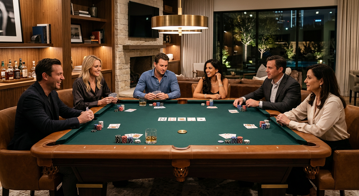 Photorealistic close interior photograph of an elegant Dallas poker evening around one rectangular six-pocket luxury pool ...