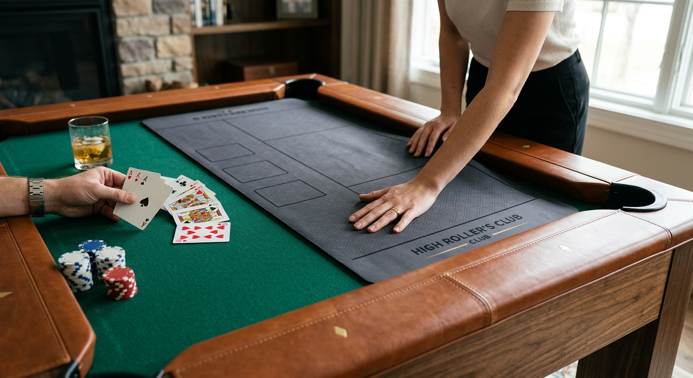 Photorealistic close-up luxury furniture photograph of a thin flexible neoprene poker overlay being gently placed over bil...