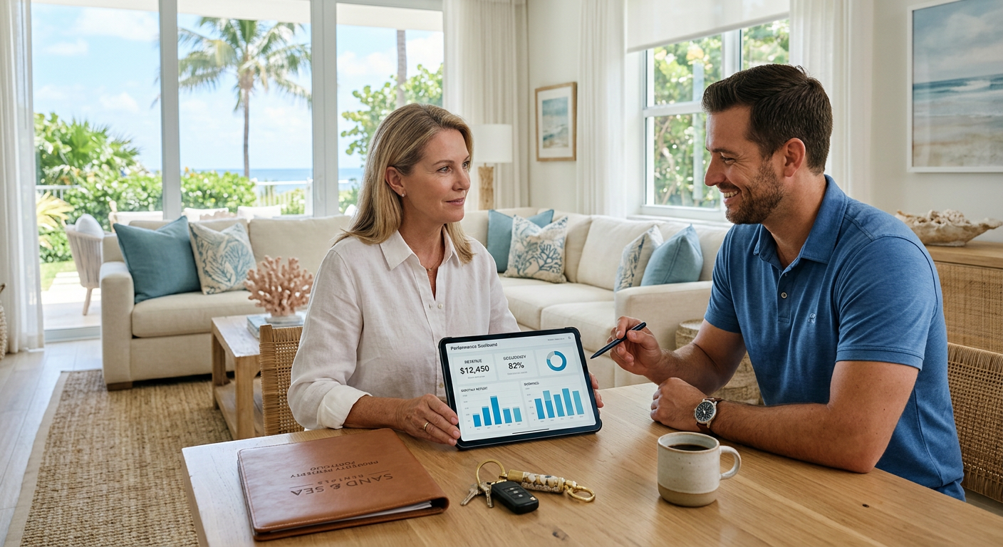Modern editorial illustration of an owner reviewing a monthly vacation-rental performance report with a local manager in a...