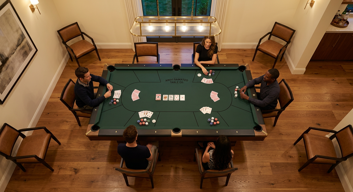 Photorealistic overhead architectural interior photograph of the same rectangular six-pocket luxury pool table, showing it...