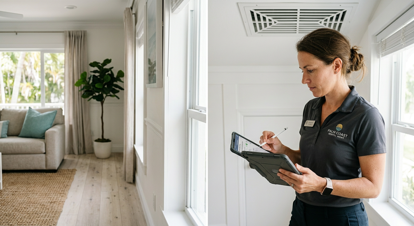 Photorealistic close-up of a property manager conducting a maintenance walkthrough in a bright South Florida rental, check...