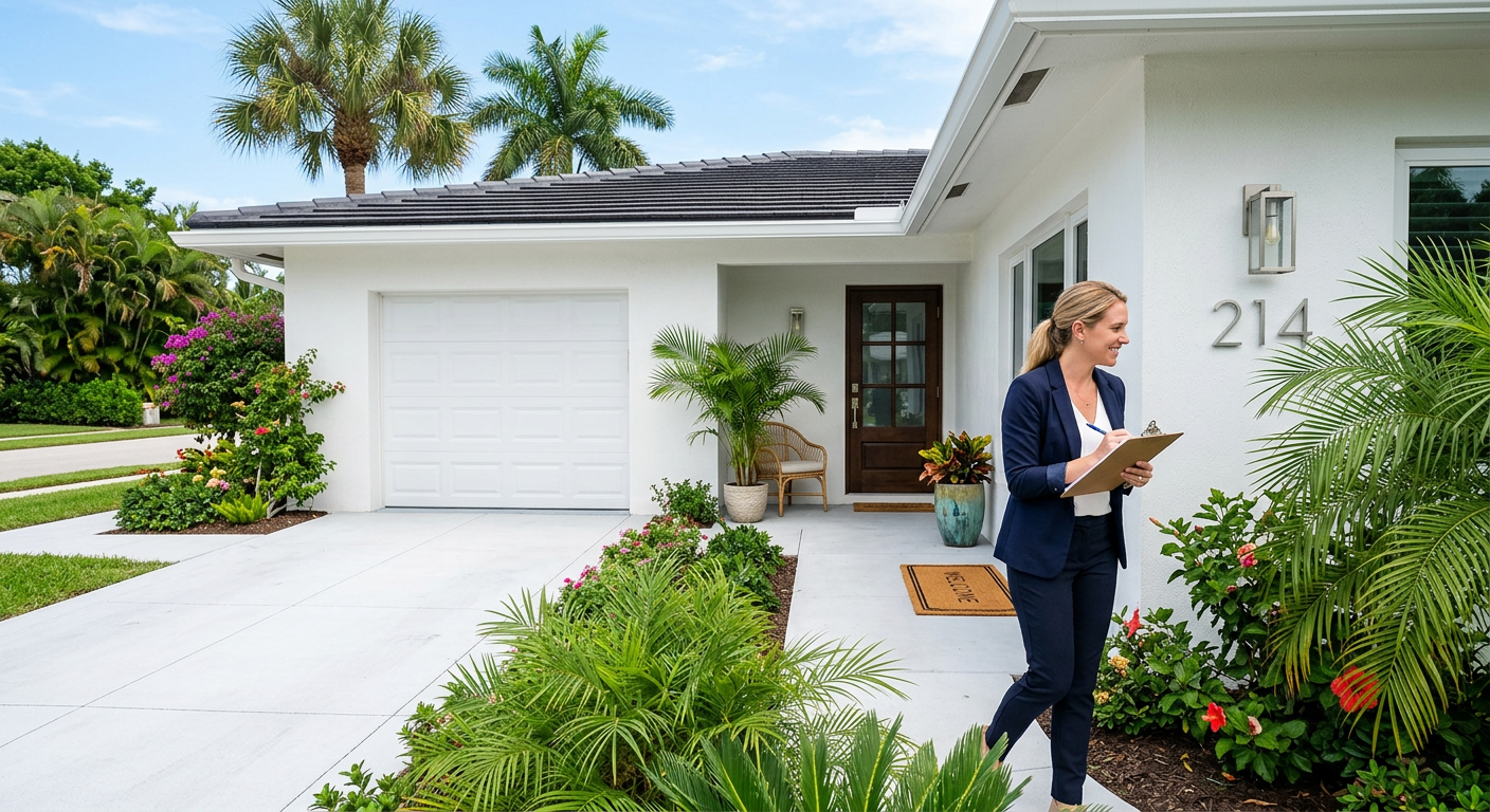 Photorealistic before-sale walkthrough of a bright South Florida rental property, with an agent checking exterior details,...