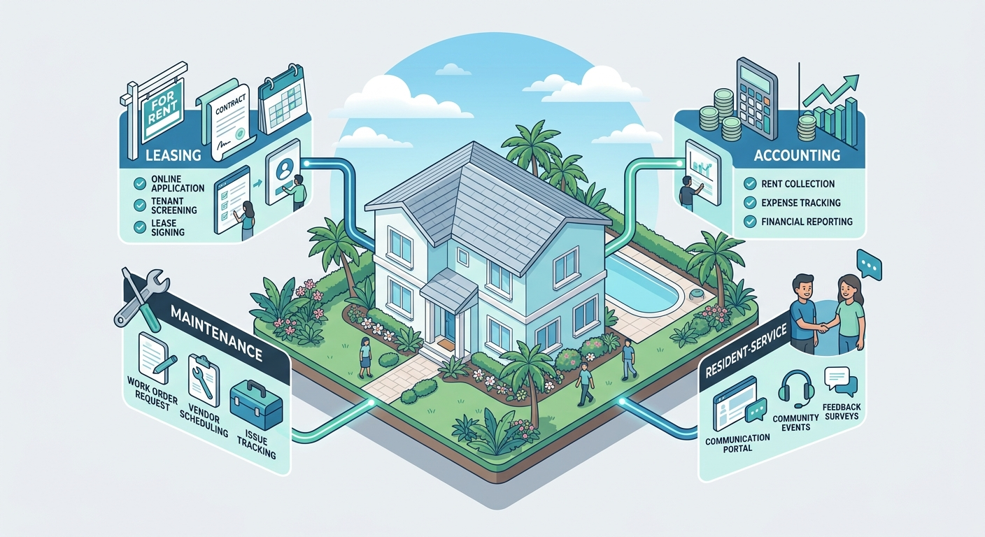 Modern illustrative isometric scene of a South Florida rental home connected to organized leasing, maintenance, accounting...