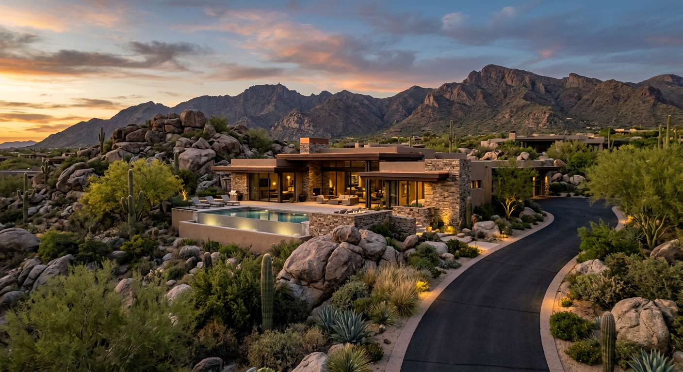 Photorealistic wide view of an upscale Troon-area Scottsdale home nestled among boulders and Sonoran Desert vegetation, wi...