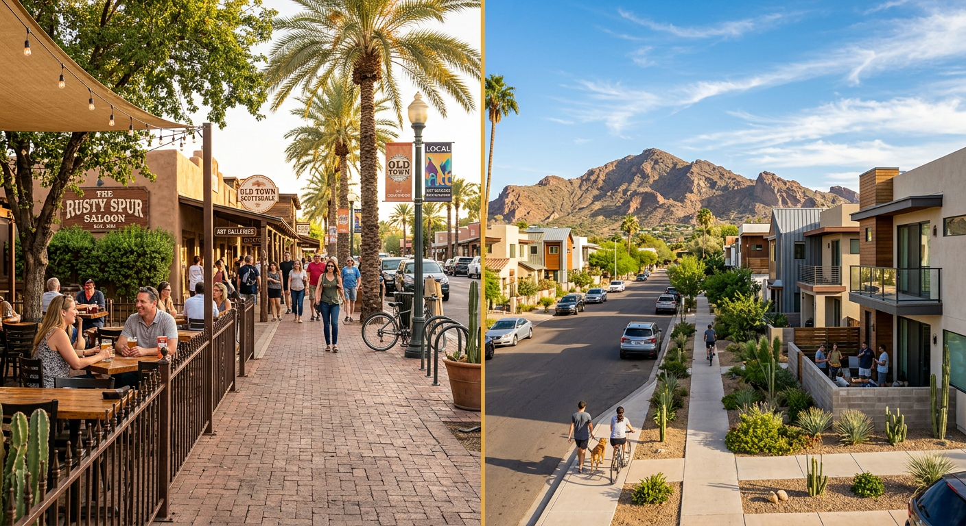 Photorealistic split-scene street-level image, with a walkable Old Town Scottsdale patio and palm-lined streets on the lef...
