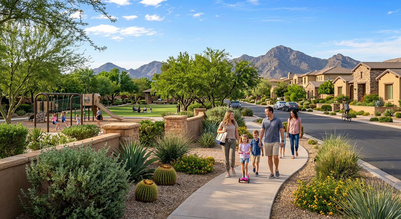 Safest Neighborhoods in Scottsdale: A Practical Homebuyer Guide 2 Photorealistic street-level scene in a well-maintained Scottsdale master-planned community, showing families walking on sh...