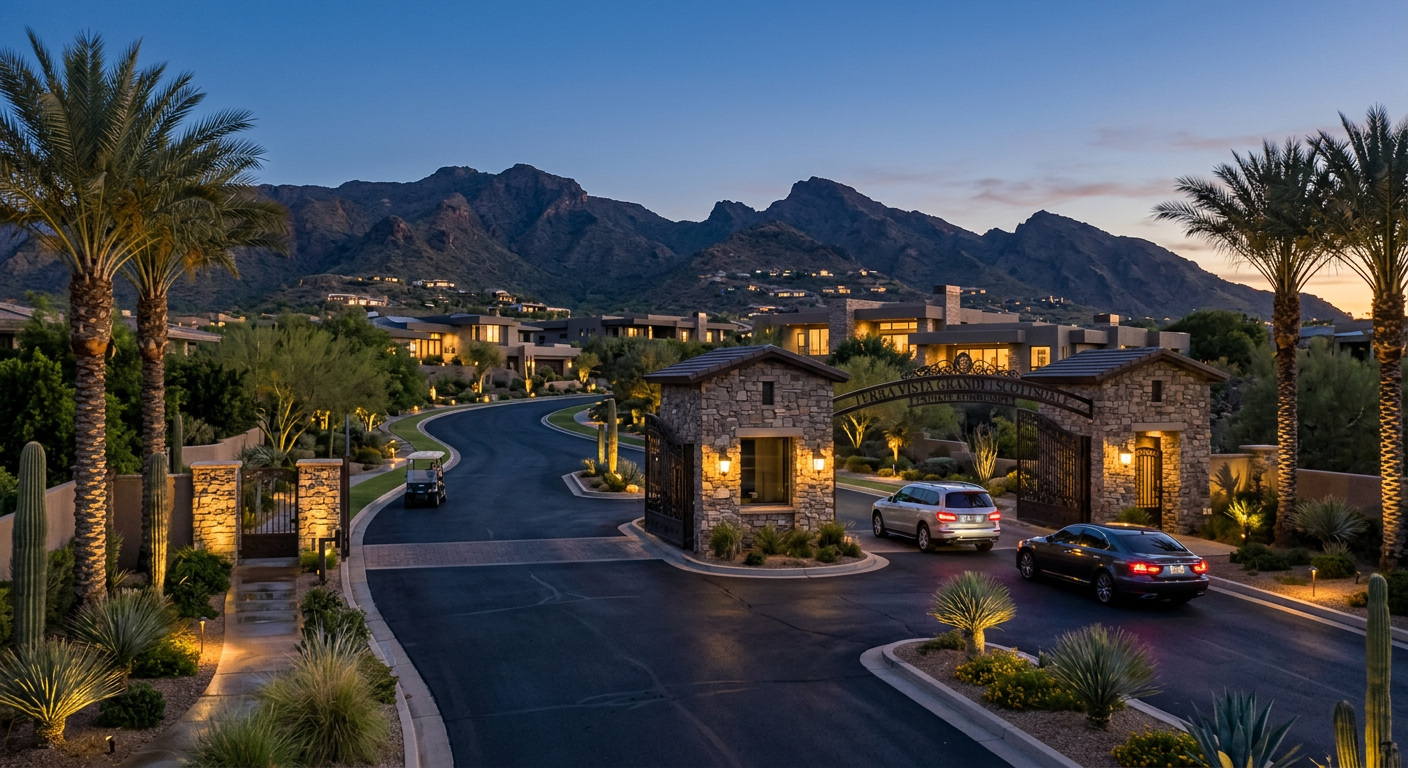 Safest Neighborhoods in Scottsdale: A Practical Homebuyer Guide 3 Photorealistic twilight view of an upscale Scottsdale gated community entrance with subtle landscape lighting, palm trees,...