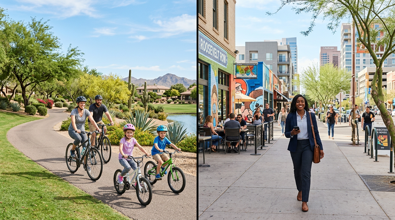 Cost of Living Scottsdale vs Phoenix: A Relocation Budget Guide 3 Photorealistic split-scene of Arizona daily life, with a Scottsdale family biking beside the greenbelt on one side and a P...