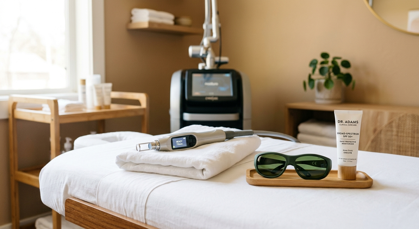 Photorealistic treatment-room detail showing a modern aesthetic light-based device beside protective eyewear, fresh white ...