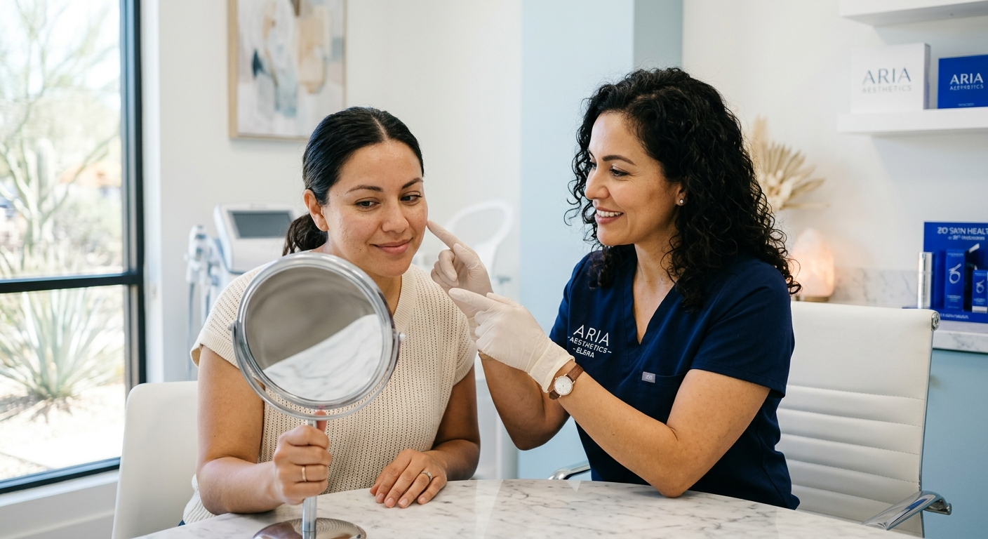 Photorealistic close-up of a professional aesthetic consultation in a bright, contemporary Phoenix clinic, provider and cl...
