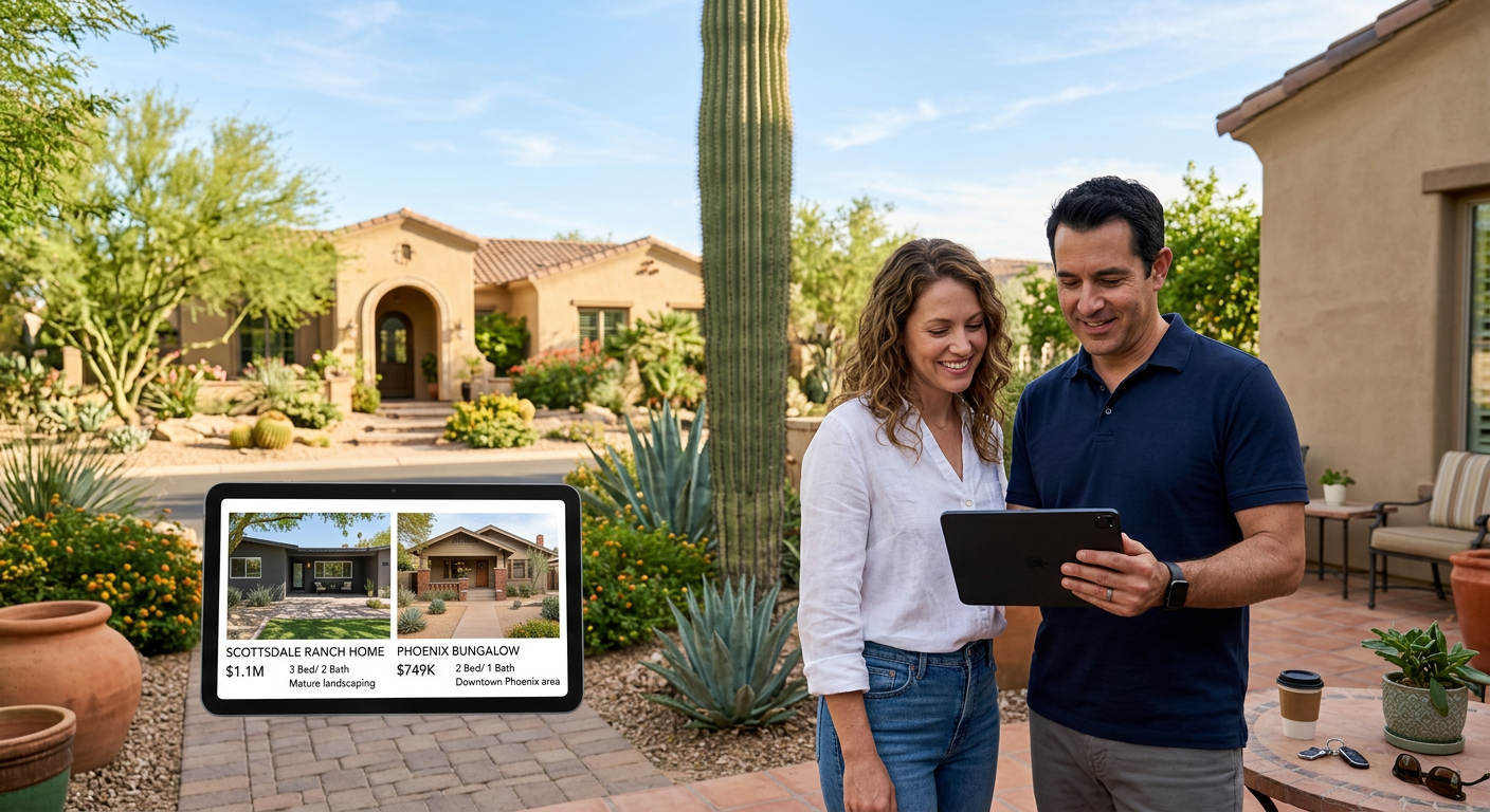 Cost of Living Scottsdale vs Phoenix: A Relocation Budget Guide 2 Photorealistic street-level scene showing a buyer couple comparing two Arizona homes on a tablet, one a central Scottsdale...