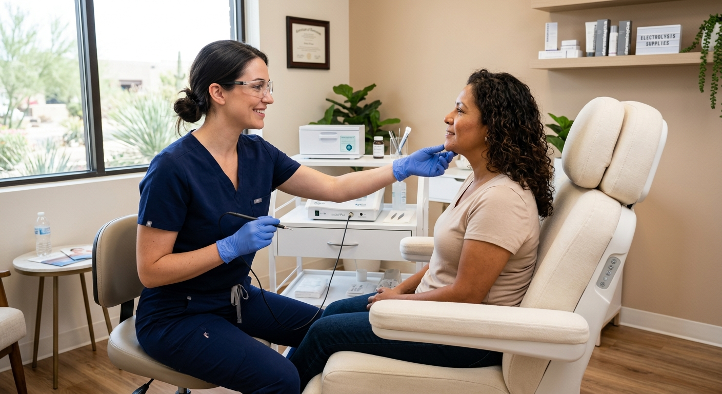 Permanent Hair Removal vs Waxing Phoenix: Which Lasts Longer? | Electrolysis Permanent Hair Removal in Phoenix | Senza Pelo Med Spa Photorealistic close-up of a skilled electrologist wearing gloves during a calm facial-hair consultation, with a client se...