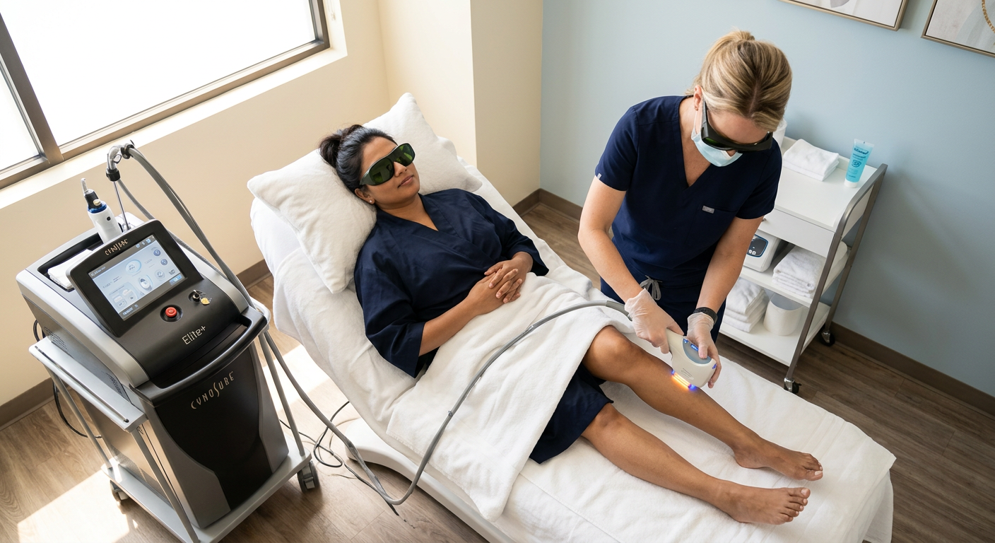 Full Body Laser Hair Removal Phoenix: A Lasting Results Guide | Electrolysis Permanent Hair Removal in Phoenix | Senza Pelo Med Spa Photorealistic overhead view of a diverse adult client receiving a professional laser treatment on a lower leg, protective...