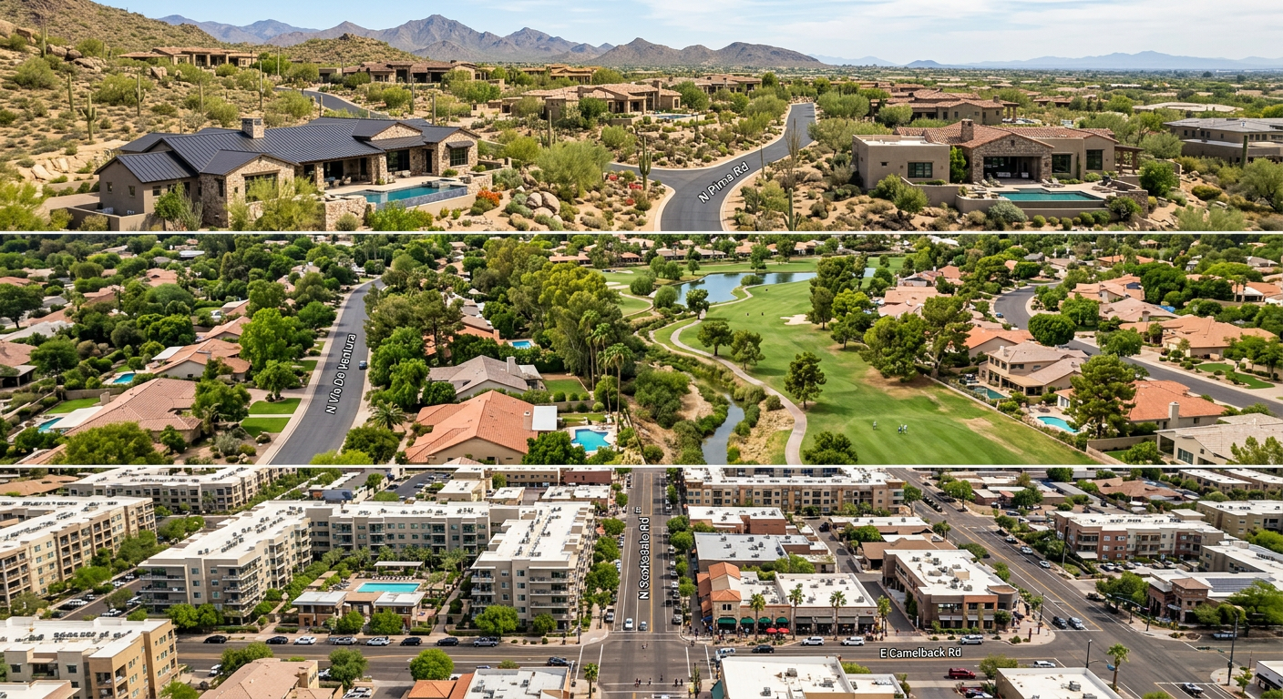 Cost Of Living Scottsdale: A Practical Relocation Budget Guide 2 Photorealistic aerial view split across three recognizable Scottsdale lifestyle settings, walkable Old Town condos, leafy ...
