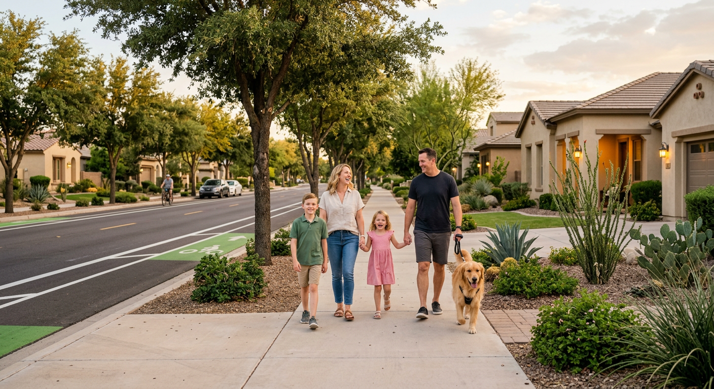 Photorealistic street-level scene in a well-kept Scottsdale neighborhood, with a family walking a dog on a broad sidewalk ...