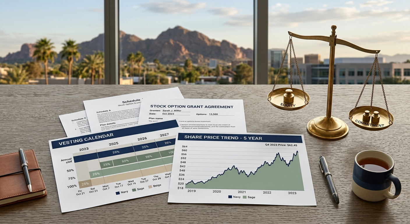 Sophisticated modern illustration of layered stock-option grant papers, vesting calendar, share-price chart, and a balance...