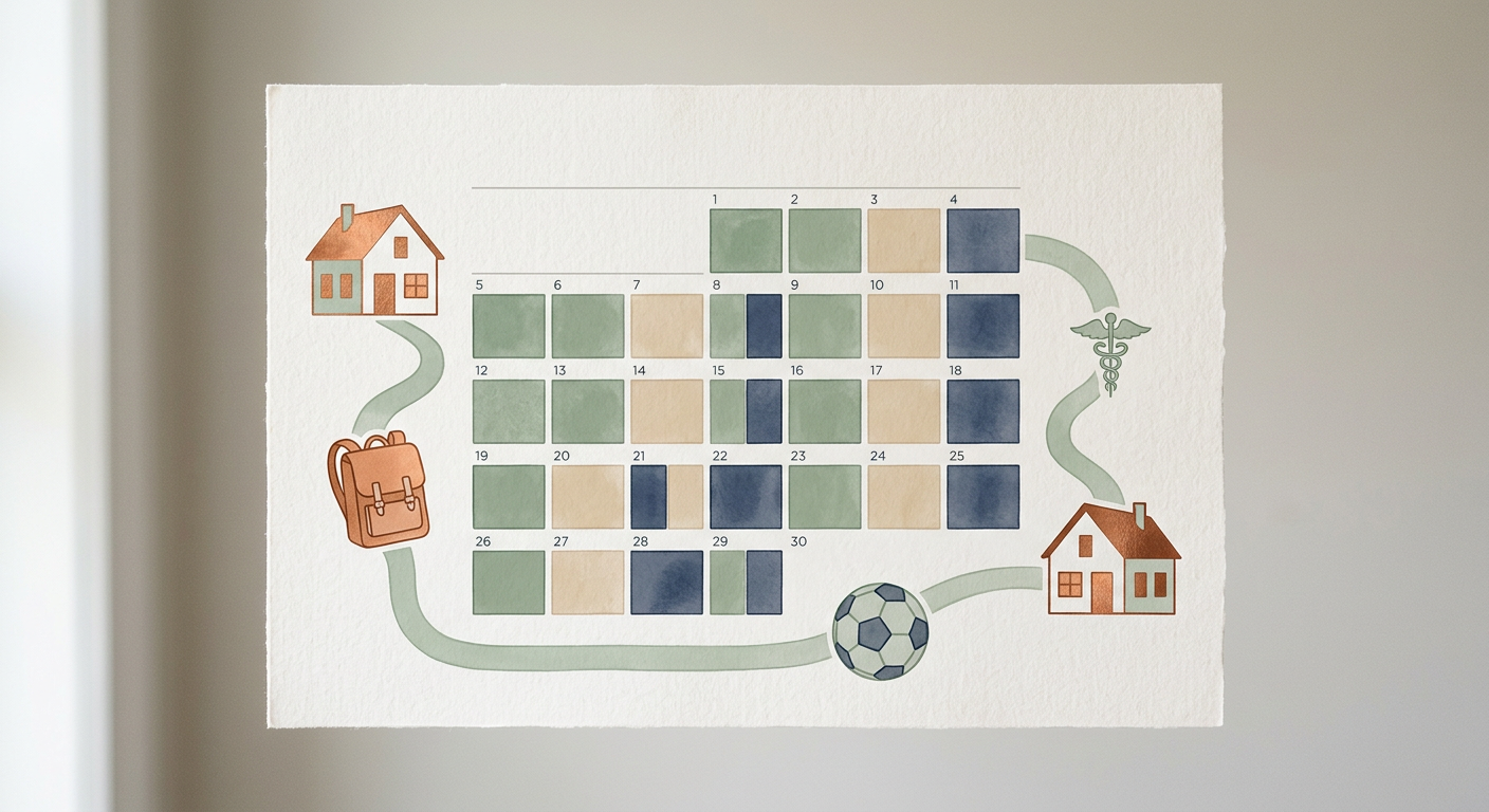 Parenting Plans in Arizona Divorce Mediation: What Matters Most | Scottsdale Divorce Mediation | Attorney-Led, Private Sophisticated modern illustration of a shared parenting calendar with color-coded but text-free blocks, two homes connecte...