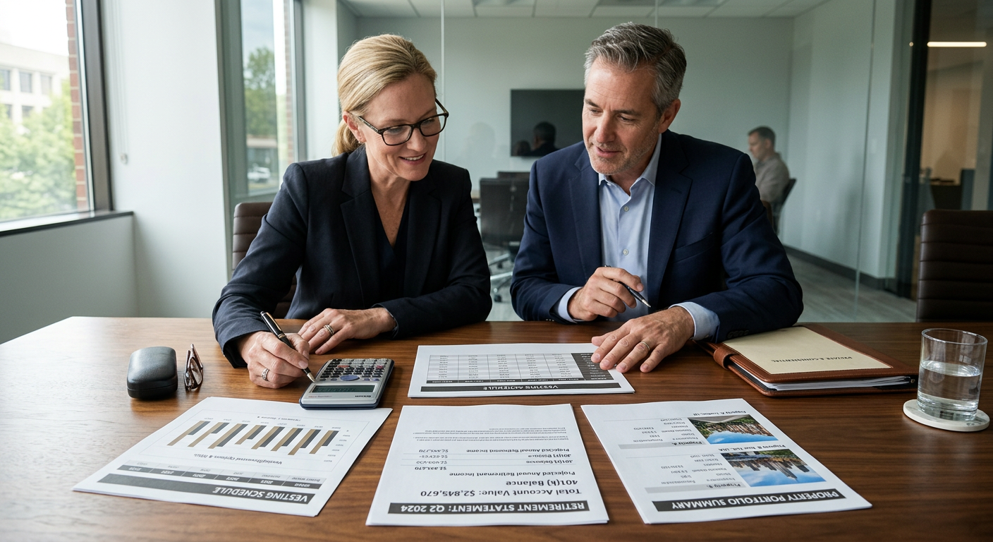 Sophisticated photorealistic close-up of organized executive compensation documents on a walnut conference table, includin...