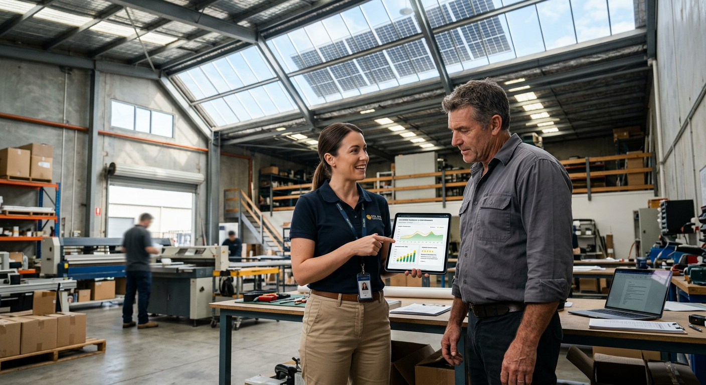 Professional photorealistic scene inside a light industrial facility, with a solar sales representative showing a tablet w...