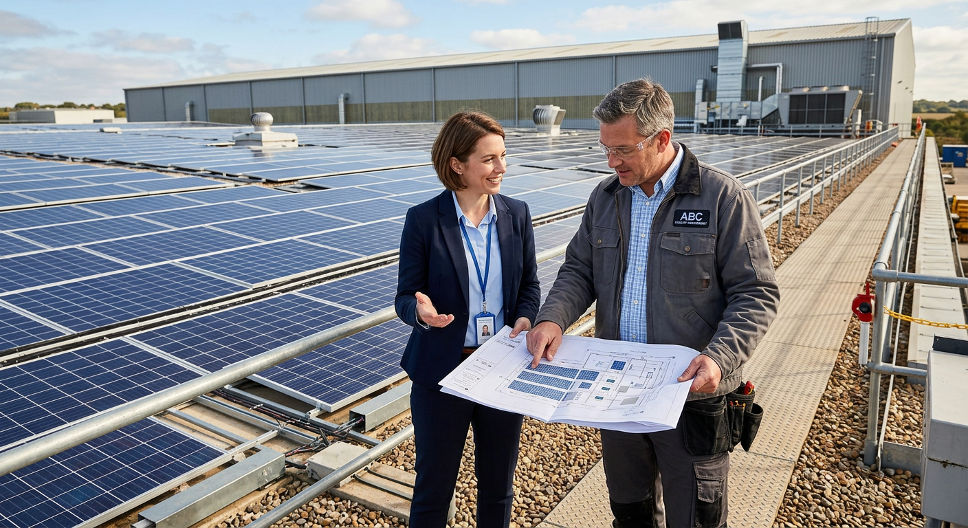 Independent Solar | Reliable Solar Partner Program for Commercial Dealer Growth Teams Professional commercial solar sales representative and facility manager reviewing a site plan beside a warehouse roof cove...