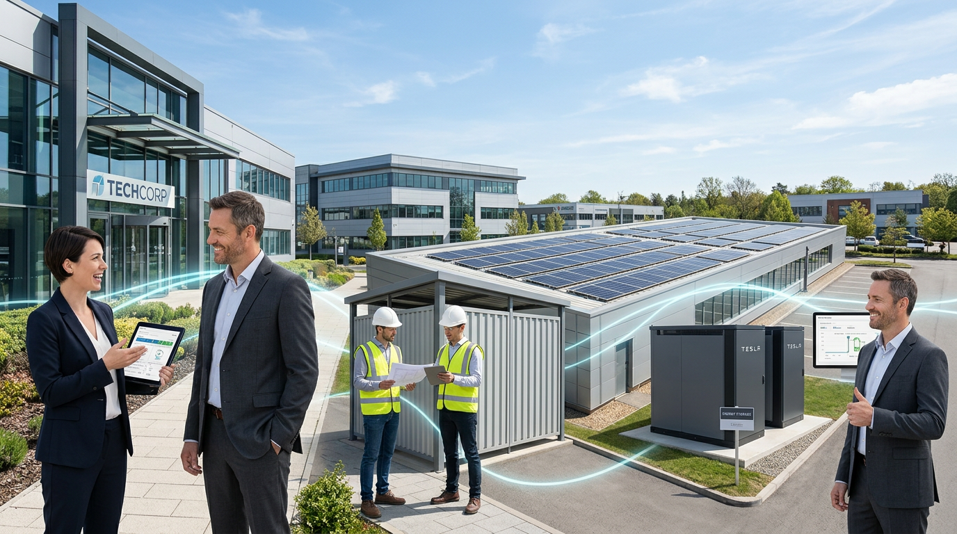 Independent Solar | Reliable Solar Partner Program for Commercial Dealer Growth Teams Clean modern illustration of a commercial solar project lifecycle, showing a sales representative, engineer, rooftop solar...
