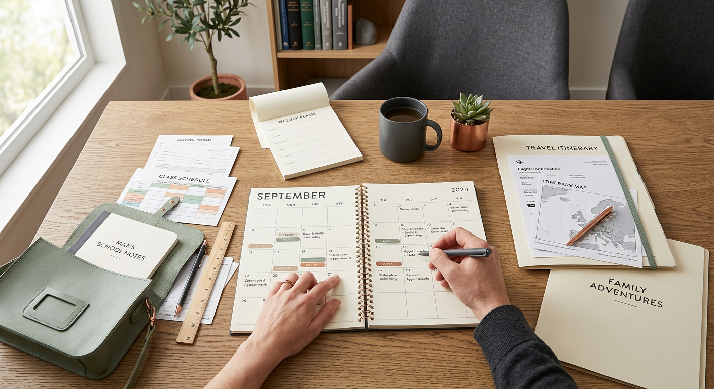 Parenting Plans in Arizona Divorce Mediation: What Matters Most | Scottsdale Divorce Mediation | Attorney-Led, Private Photorealistic overhead view of a well-organized family planning table, showing a paper calendar, children’s school items,...