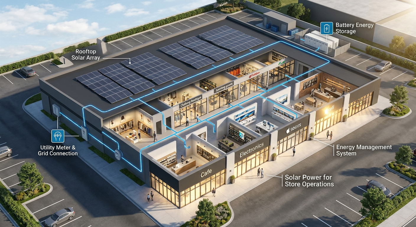 Modern illustrative aerial cutaway of a retail center with rooftop solar, a battery enclosure, utility meter, and simple e...