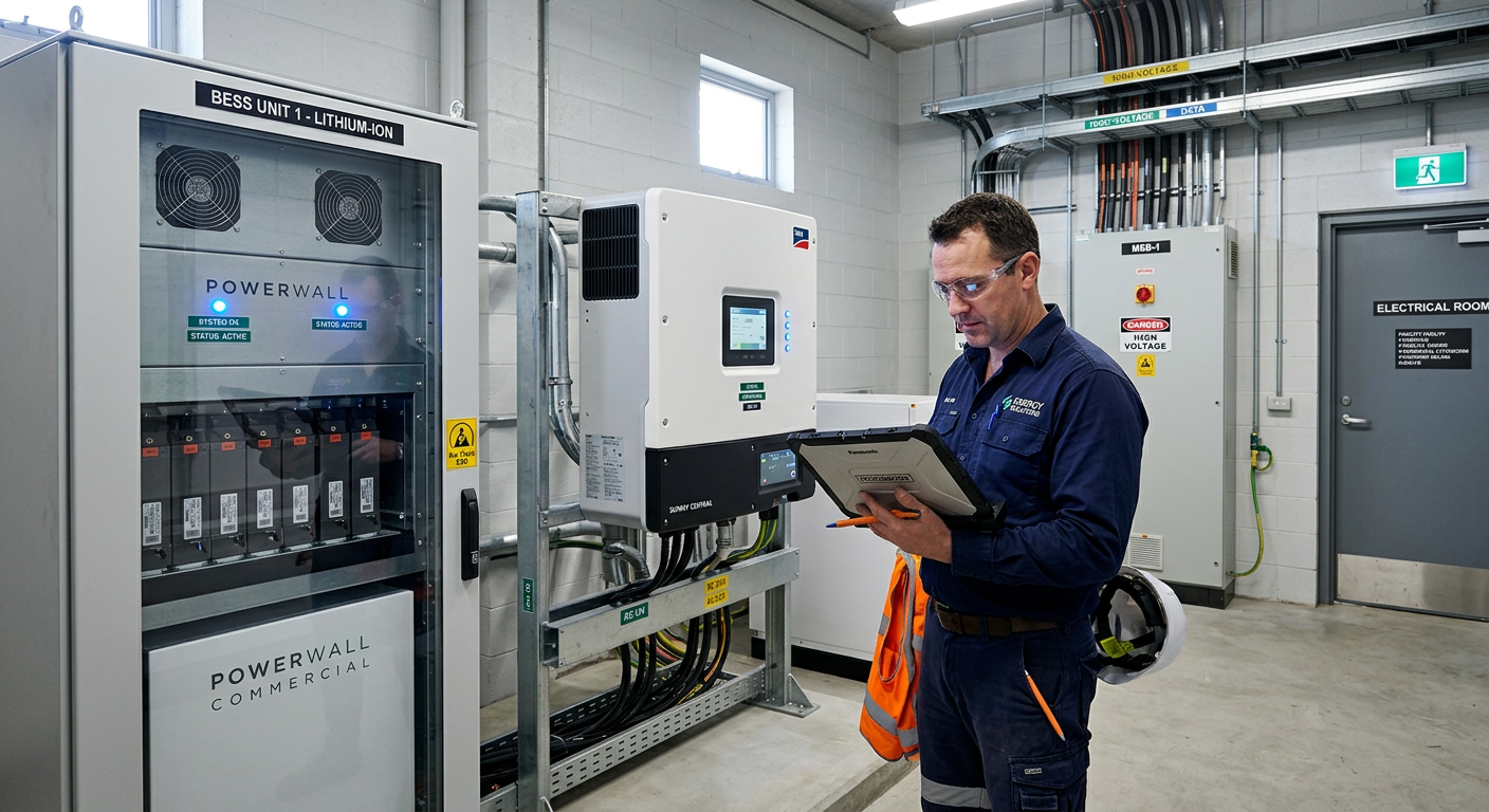 Photorealistic electrical room beside a commercial facility, featuring a neatly installed battery energy storage cabinet a...