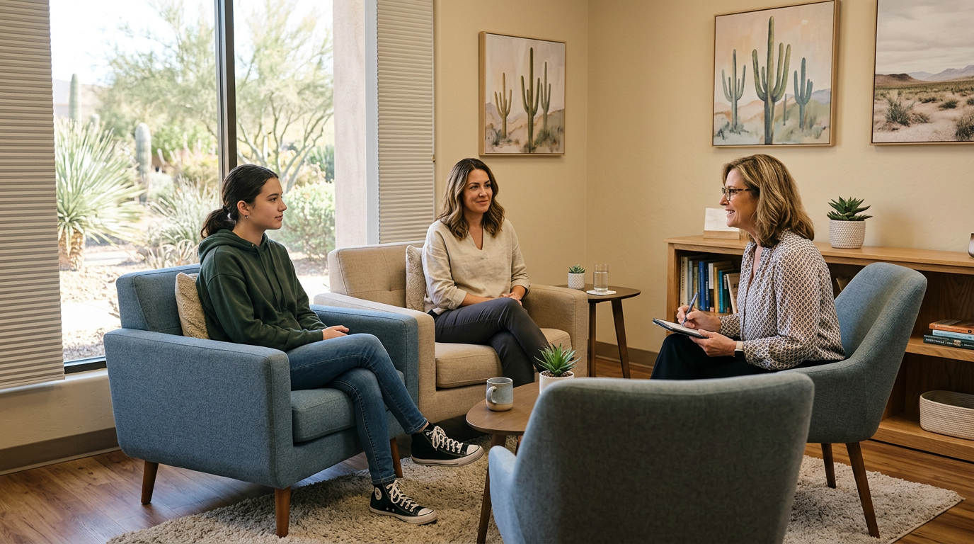 Depressed Teenager Symptoms Scottsdale: Signs Parents Should Watch Warm, realistic child and adolescent psychiatry office scene in Scottsdale, with a teenage patient and parent seated comfo...