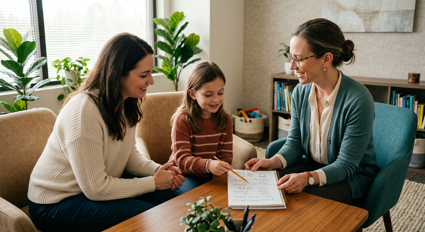 Child Psychiatrist Scottsdale AZ: Signs It May Be Time for Help Warm, realistic illustration of a child, parent, and clinician seated together in a comfortable office, reviewing simple n...