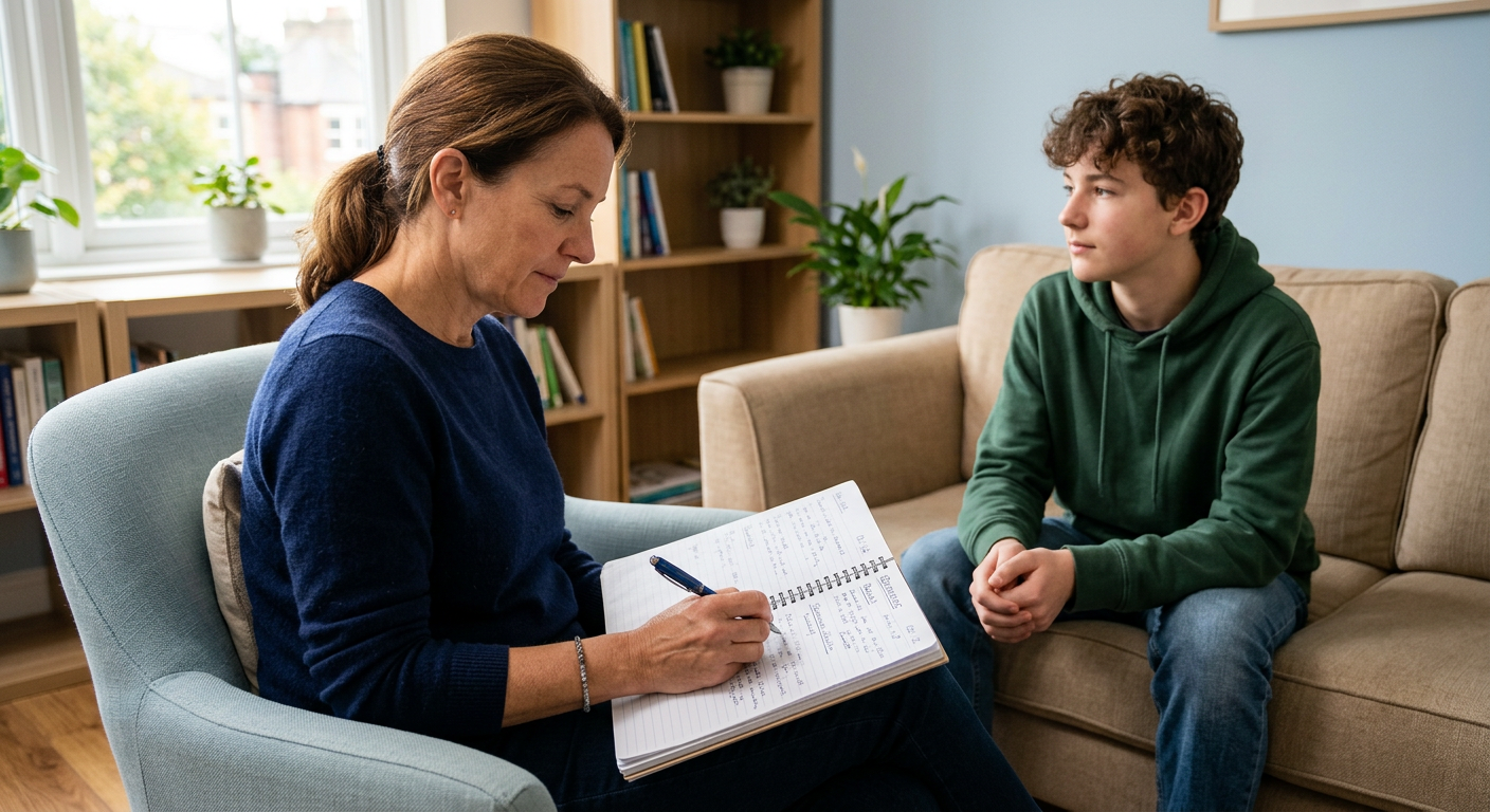 Child Psychiatrist Scottsdale AZ: Signs It May Be Time for Help Photorealistic close-up of a parent writing observations in a notebook while a teenager sits nearby in a relaxed consultat...